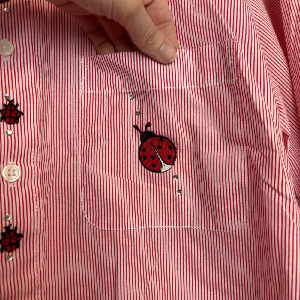 Las Olas Ladybug Embroidered Shirt Womens Small Red Pinstripe Rhinestone Vintage - Picture 9 of 15